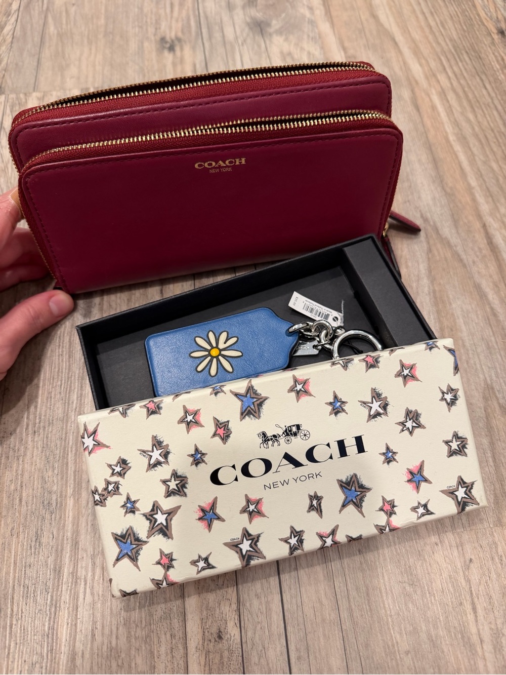 Coach Burgundy Double Zip Leather Wallet with Gold Hardware and Leather Hang Tag
